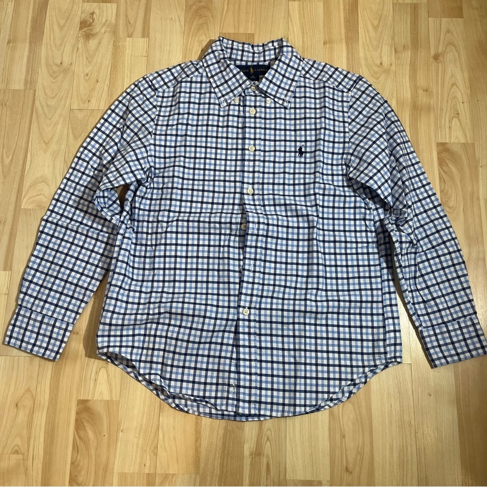 Ralph Lauren Shirt Boys medium 10/12 Blue Check Button-up 100% Cotton Mint